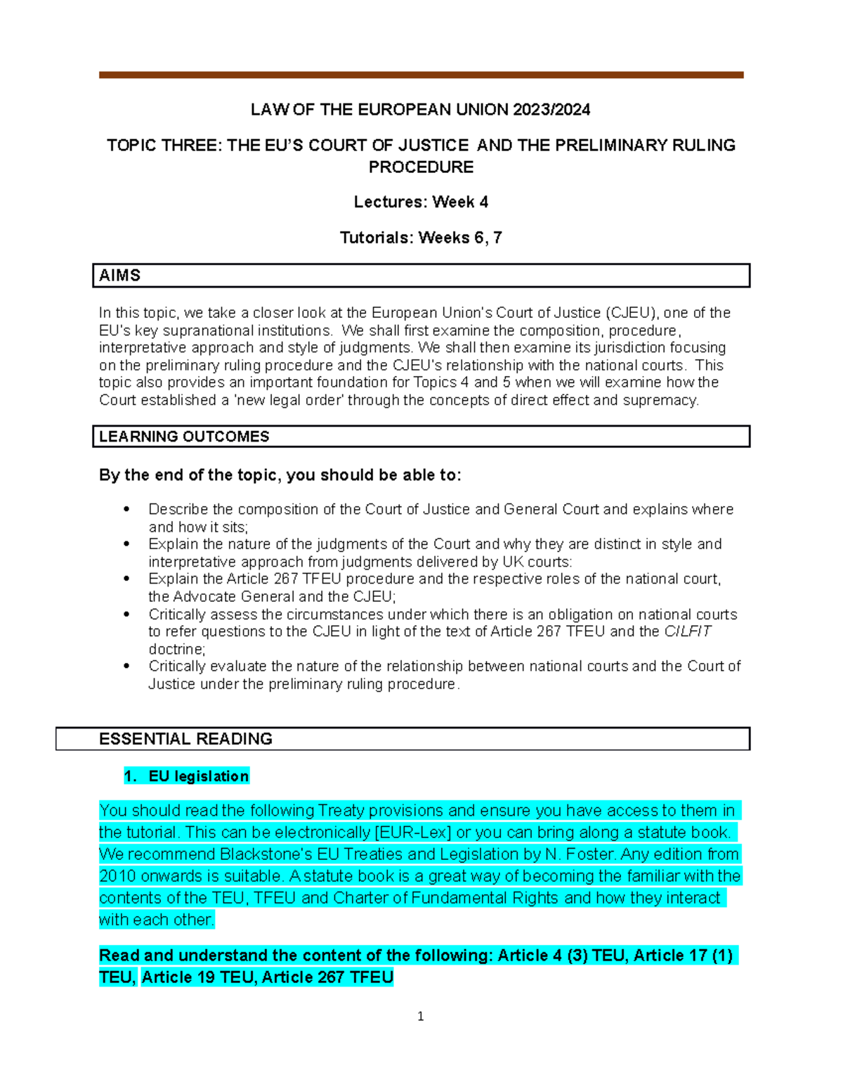 Worksheet - LAW OF THE EUROPEAN UNION 2023/ TOPIC THREE: THE EU’S COURT ...