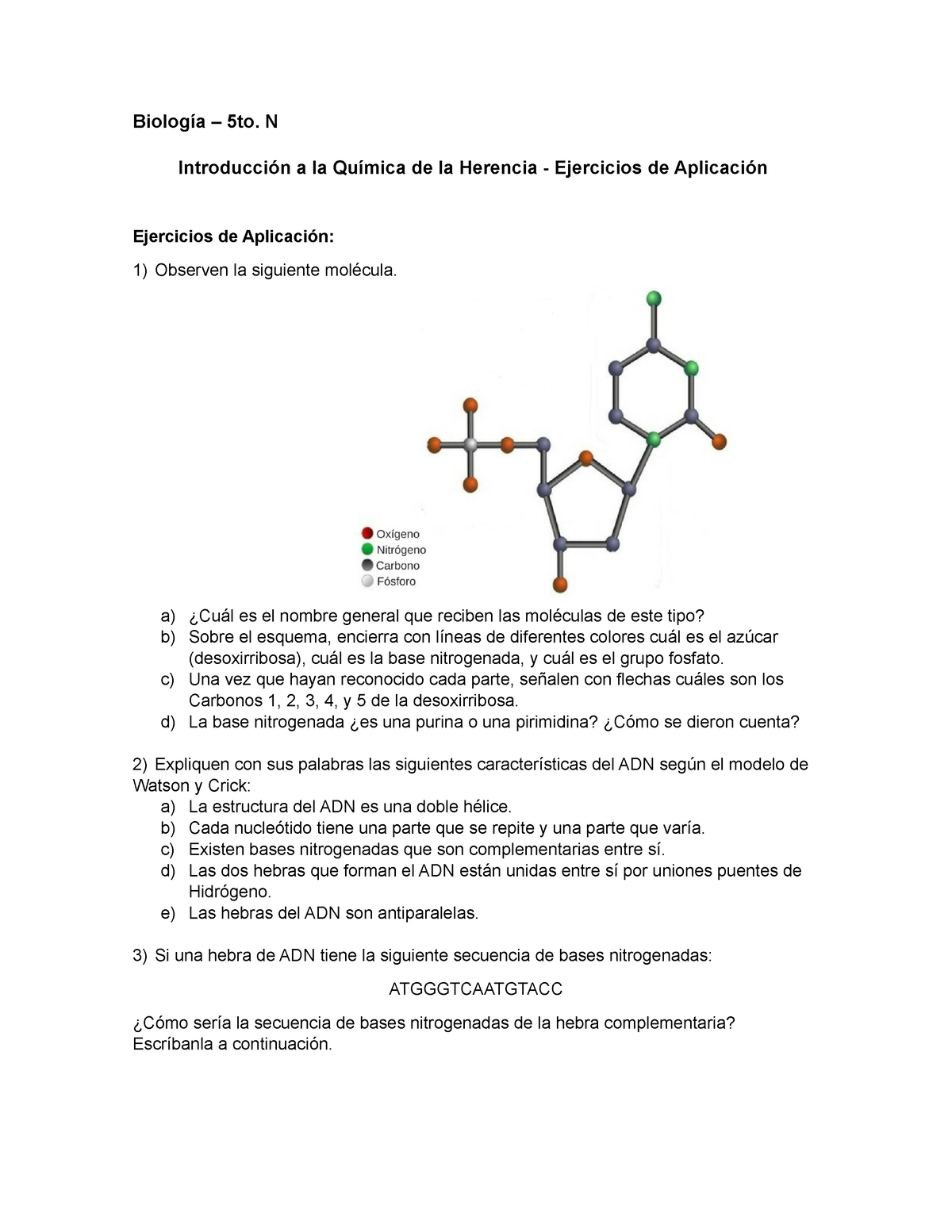 Trabajo Práctico Modelo de Watson y Crick para 5to. N - Biología – 5to. N  Introducción a la Química - Studocu