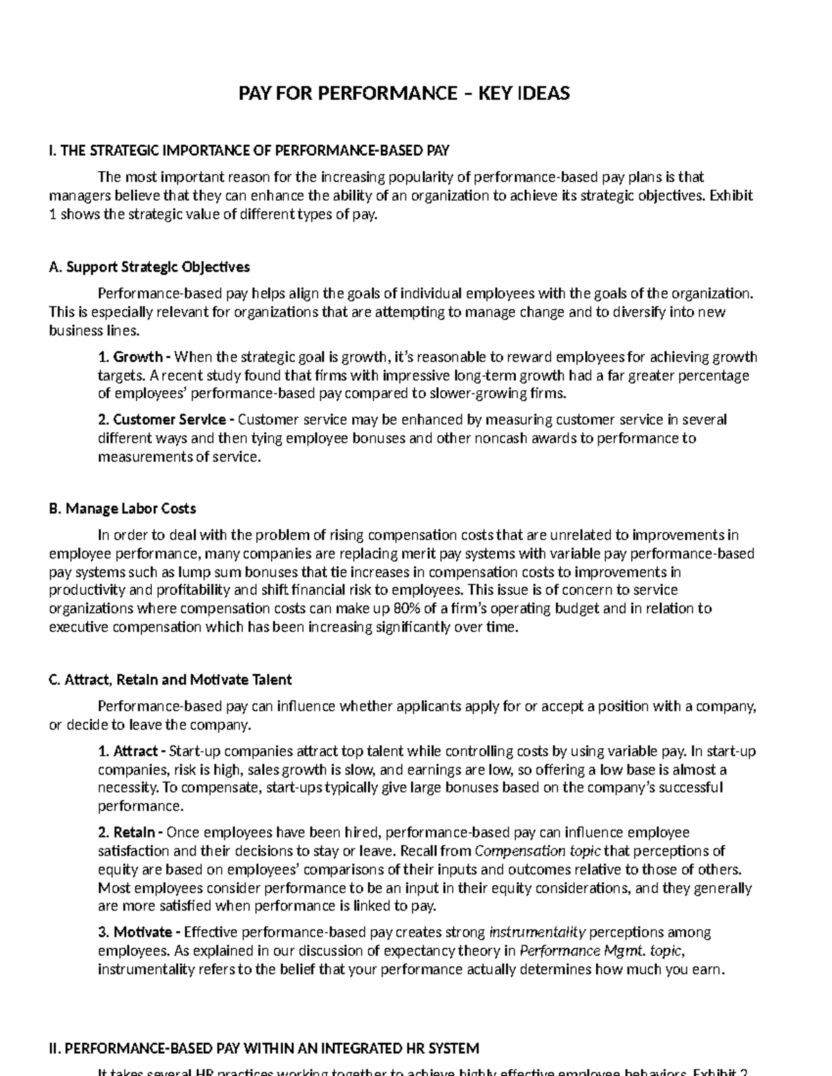 U.10 PAY FOR Performance Key ideas PAY FOR PERFORMANCE KEY IDEAS