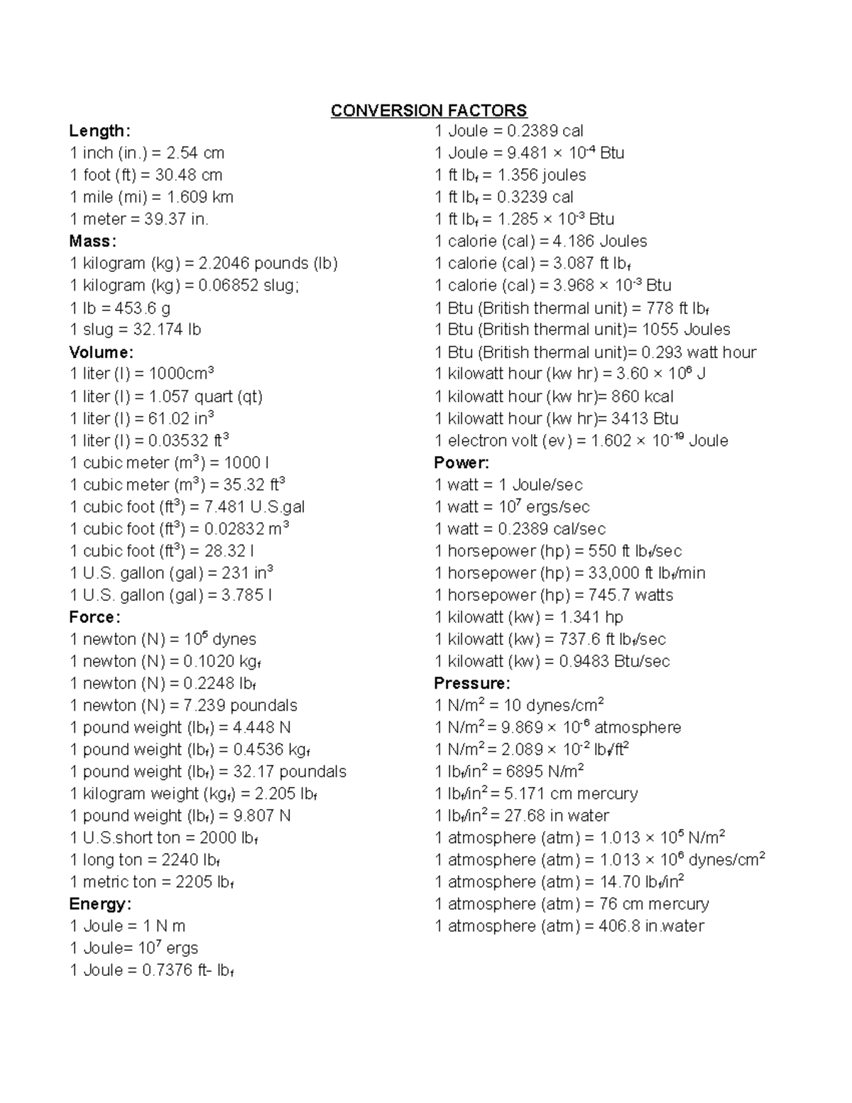 Conversion - CONVERSION FACTORS Length: 1 inch (in.) = 2 cm 1 foot (ft ...