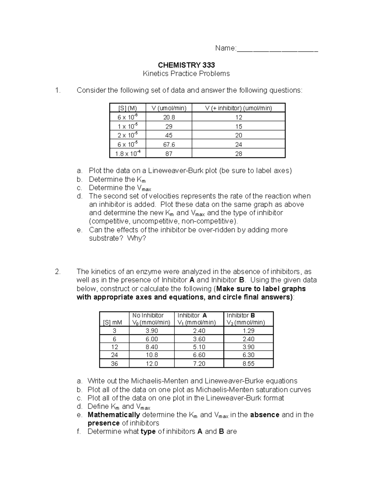 Practice Kinetics Problems - Name:____________________ CHEMISTRY 333 ...