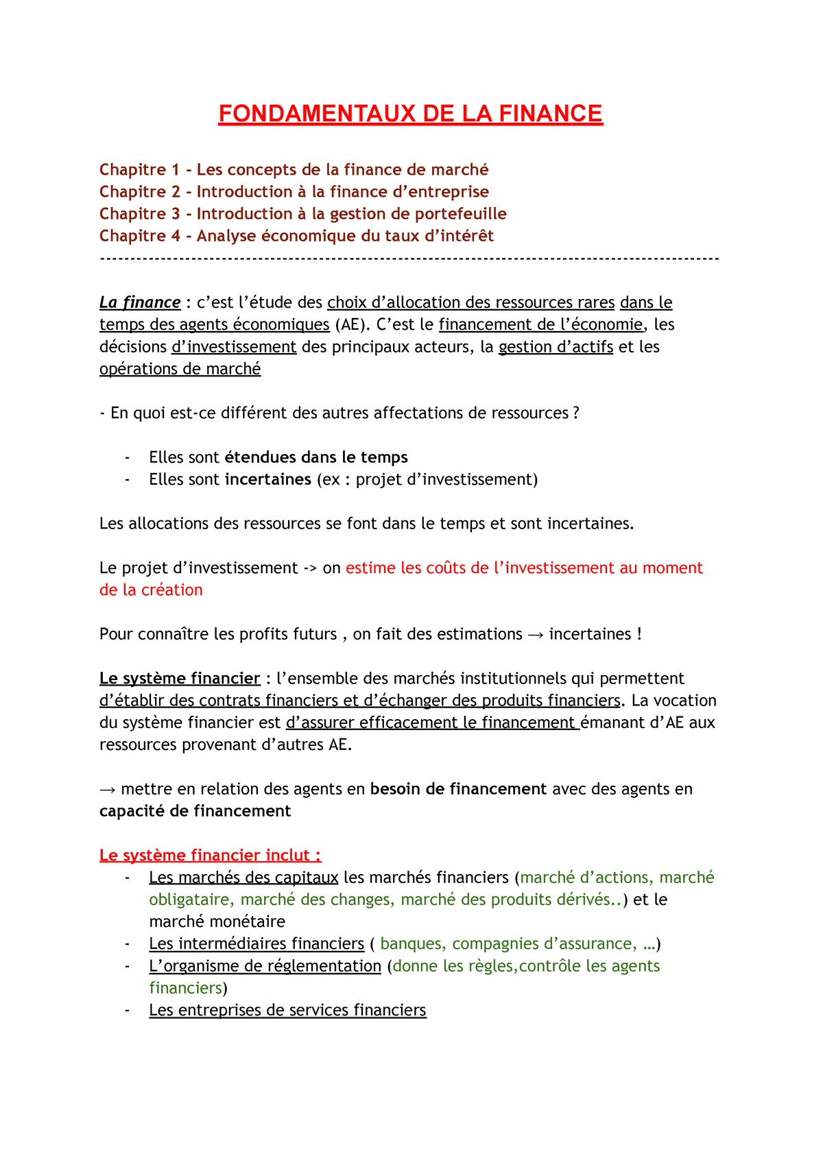 Fondamentaux DE LA Finance (1) - FONDAMENTAUX DE LA FINANCE Chapitre 1 ...