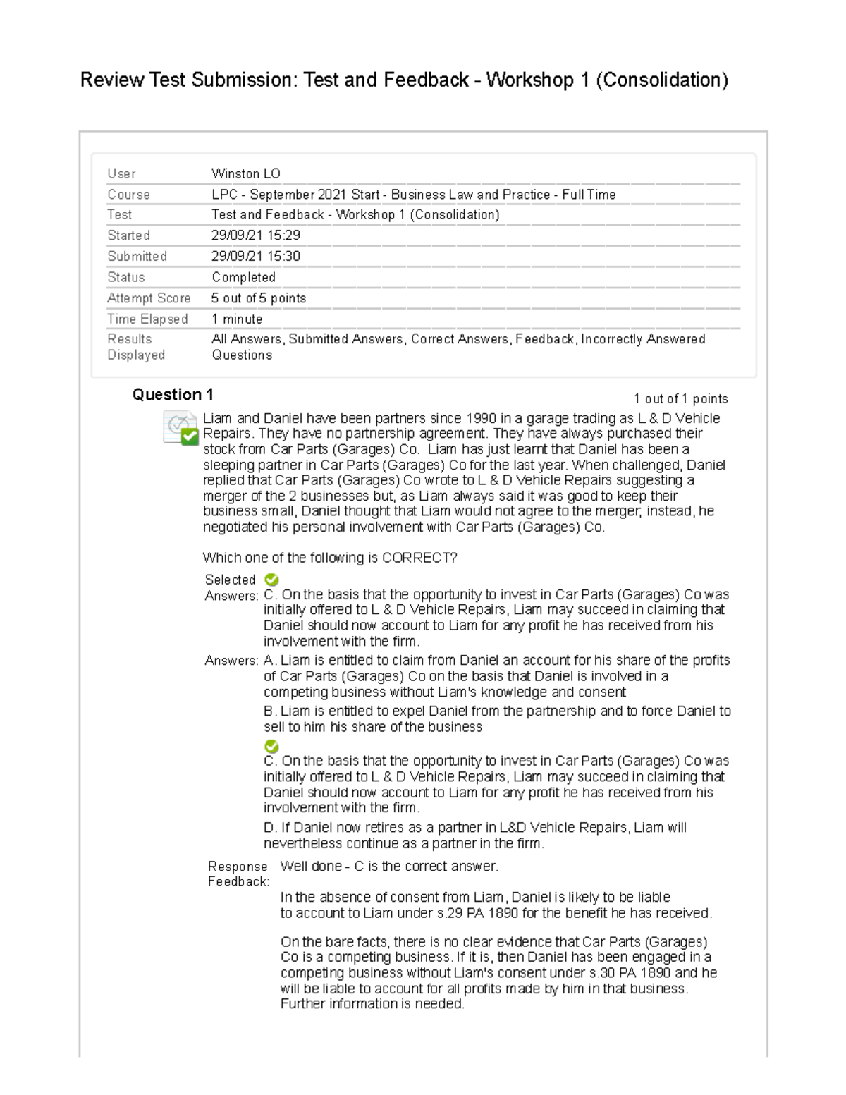 Business Law and Practice WS1 Consolidation MCQ Answers - Review Test ...