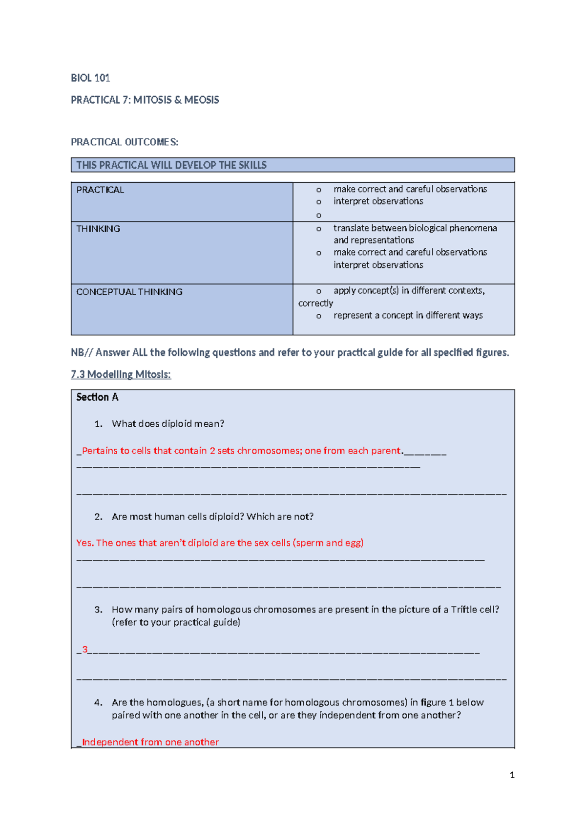 BIOL 101 prac 7 Q's - BIOL 101 PRACTICAL 7: MITOSIS & MEOSIS PRACTICAL ...