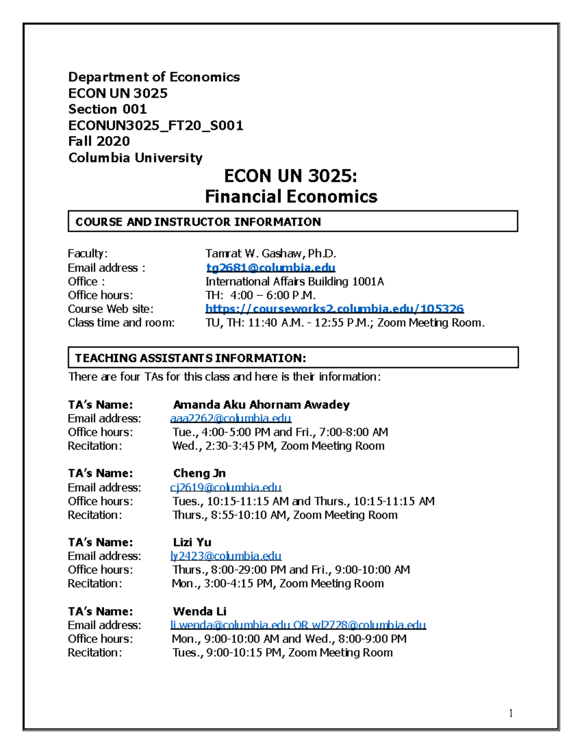 ECON UN3025 Syllabus Department of Economics ECON UN 3025 Section 001