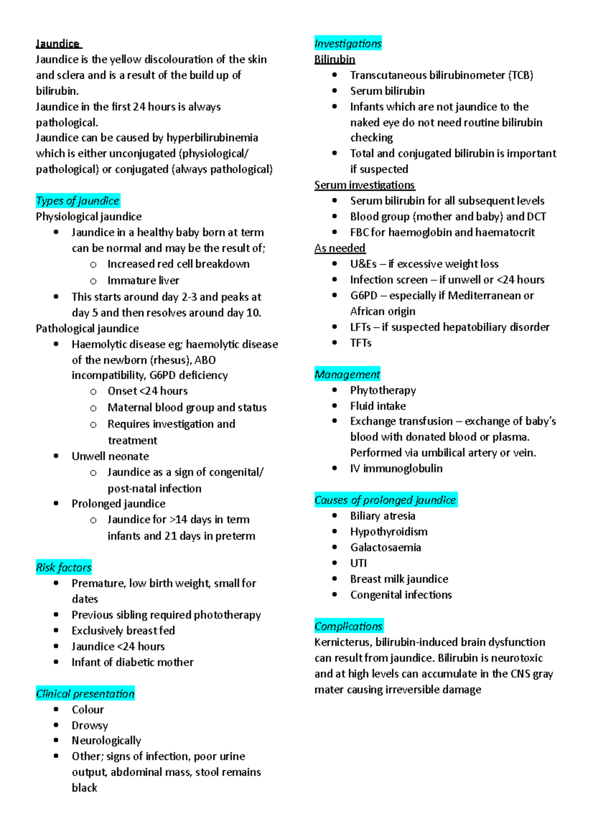 Jaundice Summary of the condition with differentials, investigations