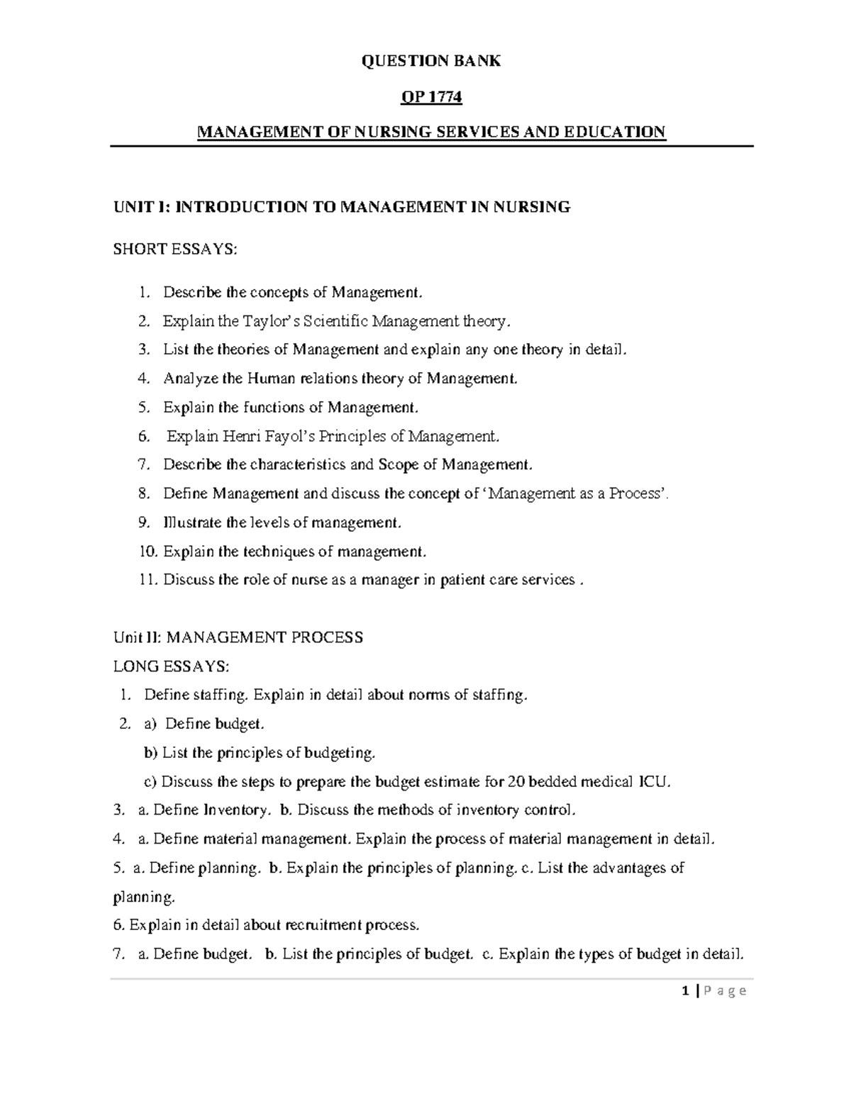 1774Management of Nursing Servies and Education Question bank QP