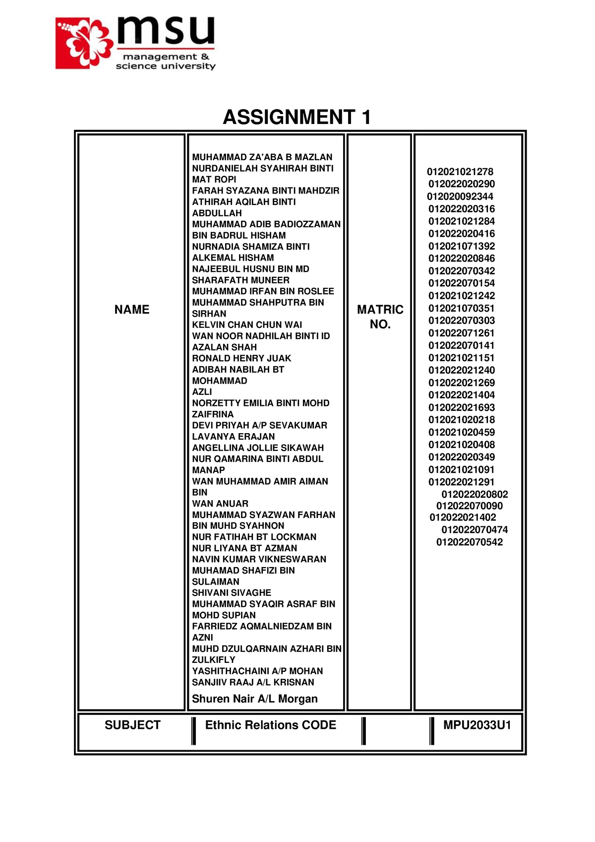 Ethnic Full Report 1 - Assignment - ASSIGNMENT 1 NAME MUHAMMAD ZA'ABA B ...