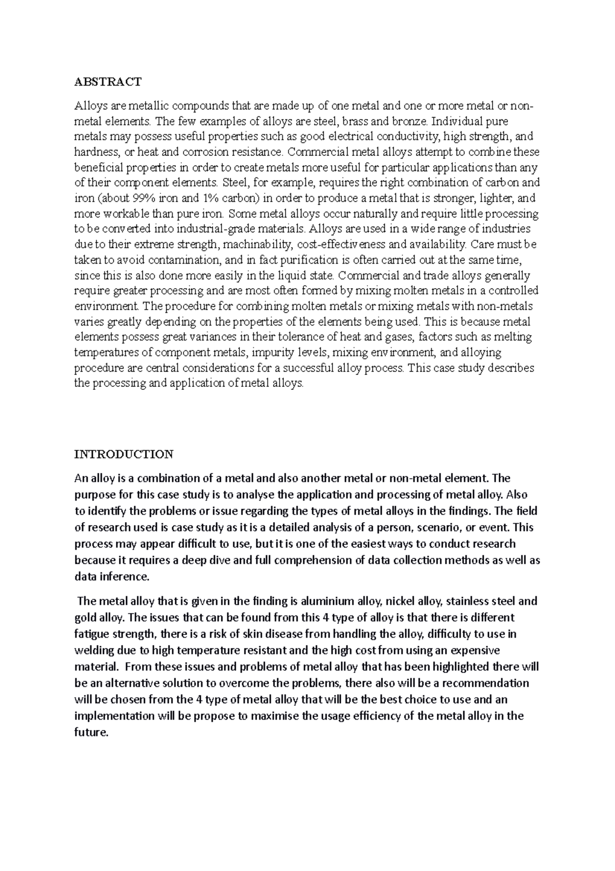 Case study chemistry final metals and alloys and its application ...
