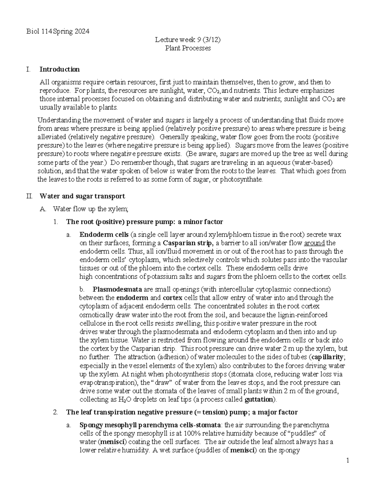 Lecture week 9 (3-12)- Notes Plant Processes - Biol 114 Spring 2024 ...