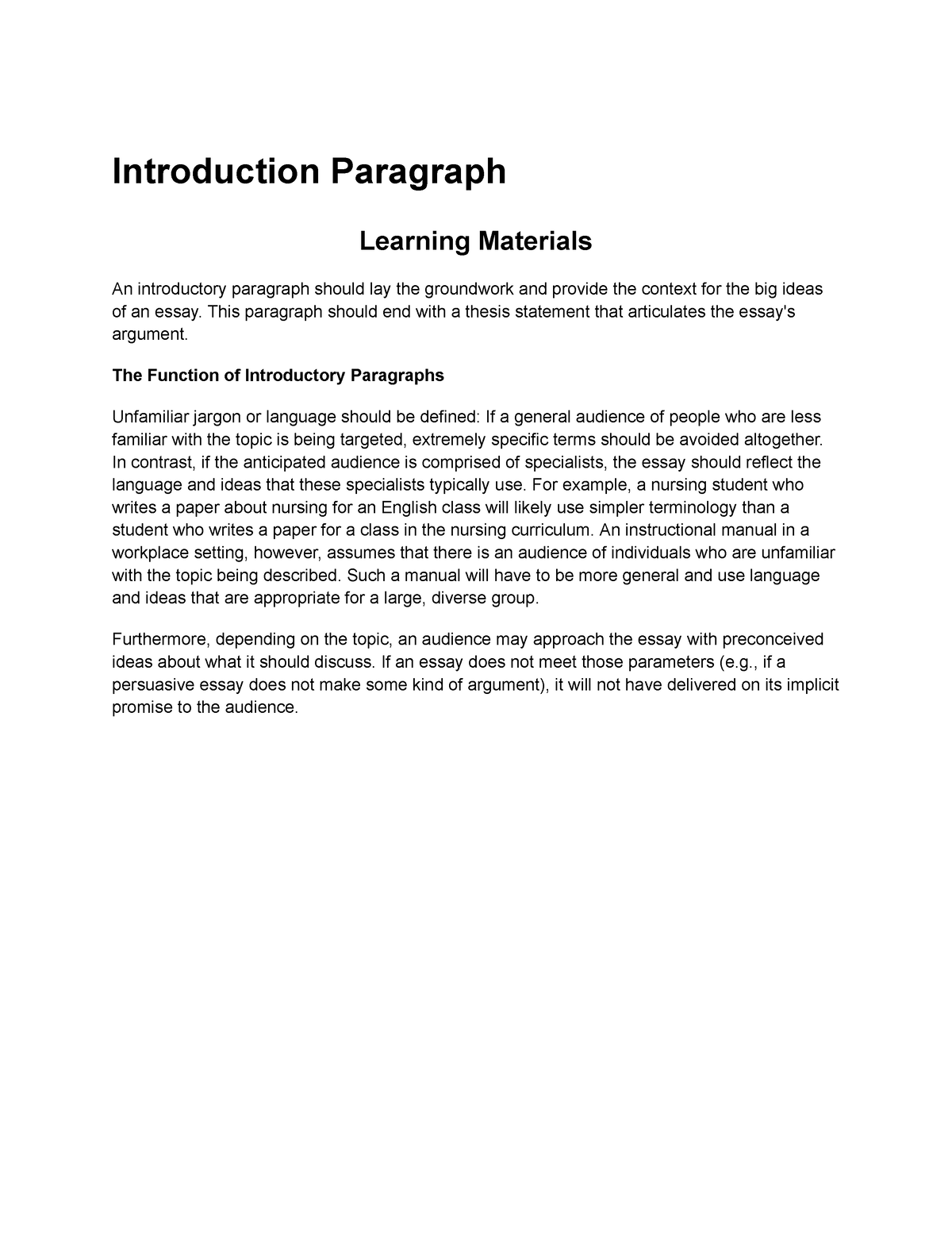 Introduction Paragraph - Introduction Paragraph Learning Materials An ...