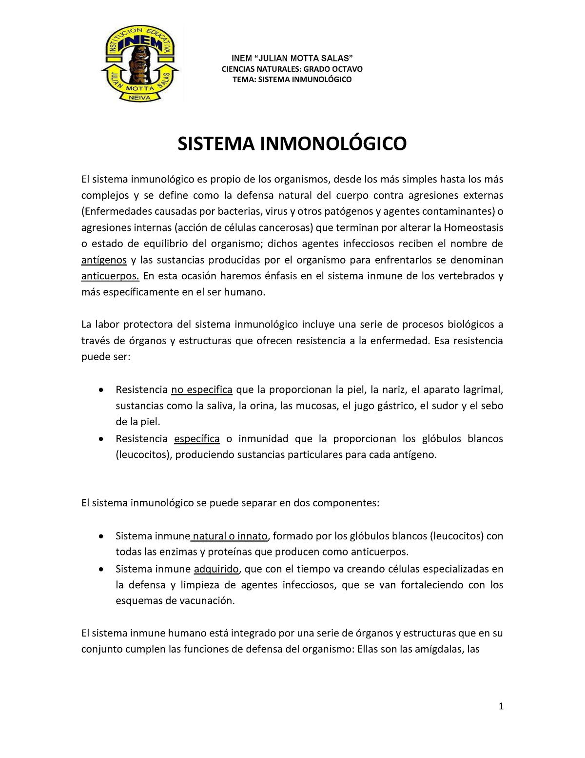 Sistema Inmunologico - CIENCIAS NATURALES: GRADO OCTAVO TEMA: SISTEMA ...