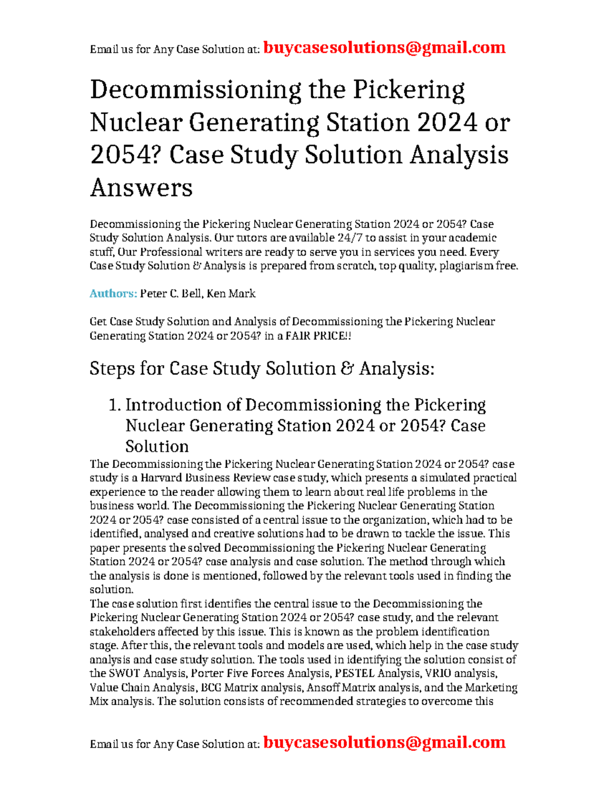 Case Solution Decommissioning the Pickering Nuclear Generating Station ...
