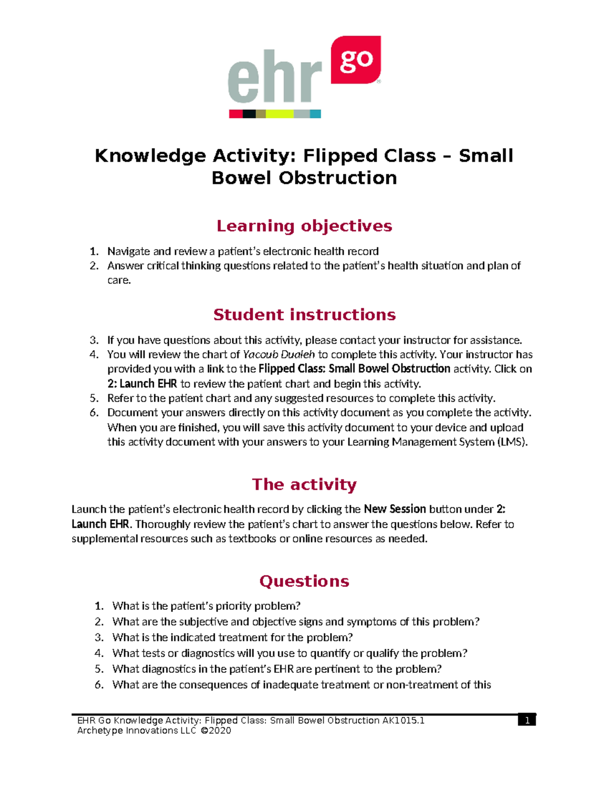 Flipped Class-Small Bowel Obstruction AK1015 - Knowledge Activity ...