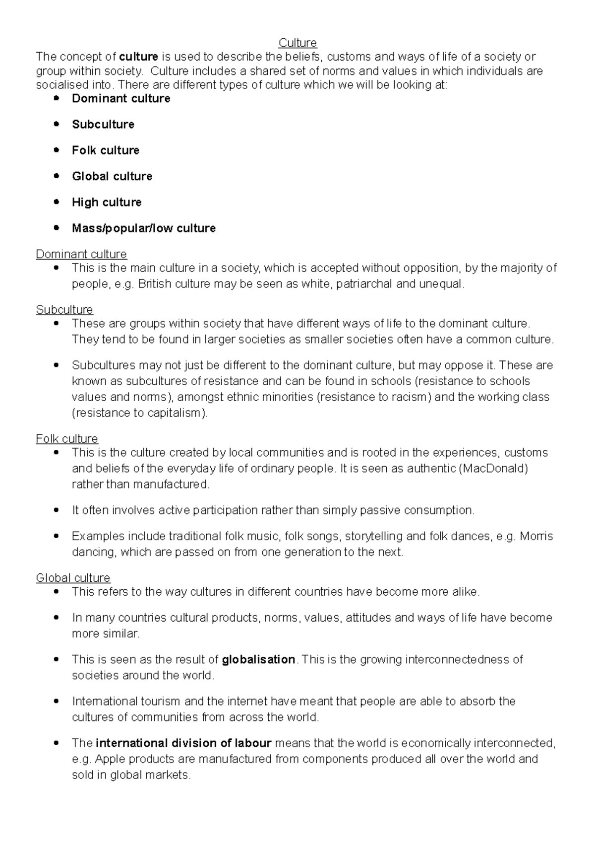 IGCSE SOCIOLOGY - Culture The concept of culture is used to describe ...