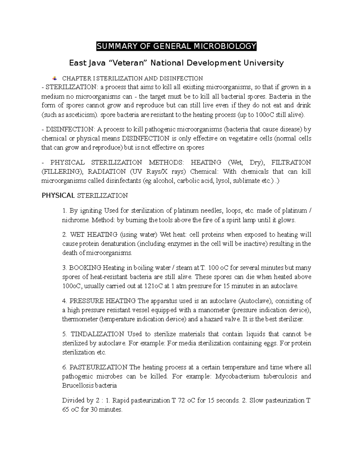Microbiologysterilization and disinfection SUMMARY OF GENERAL