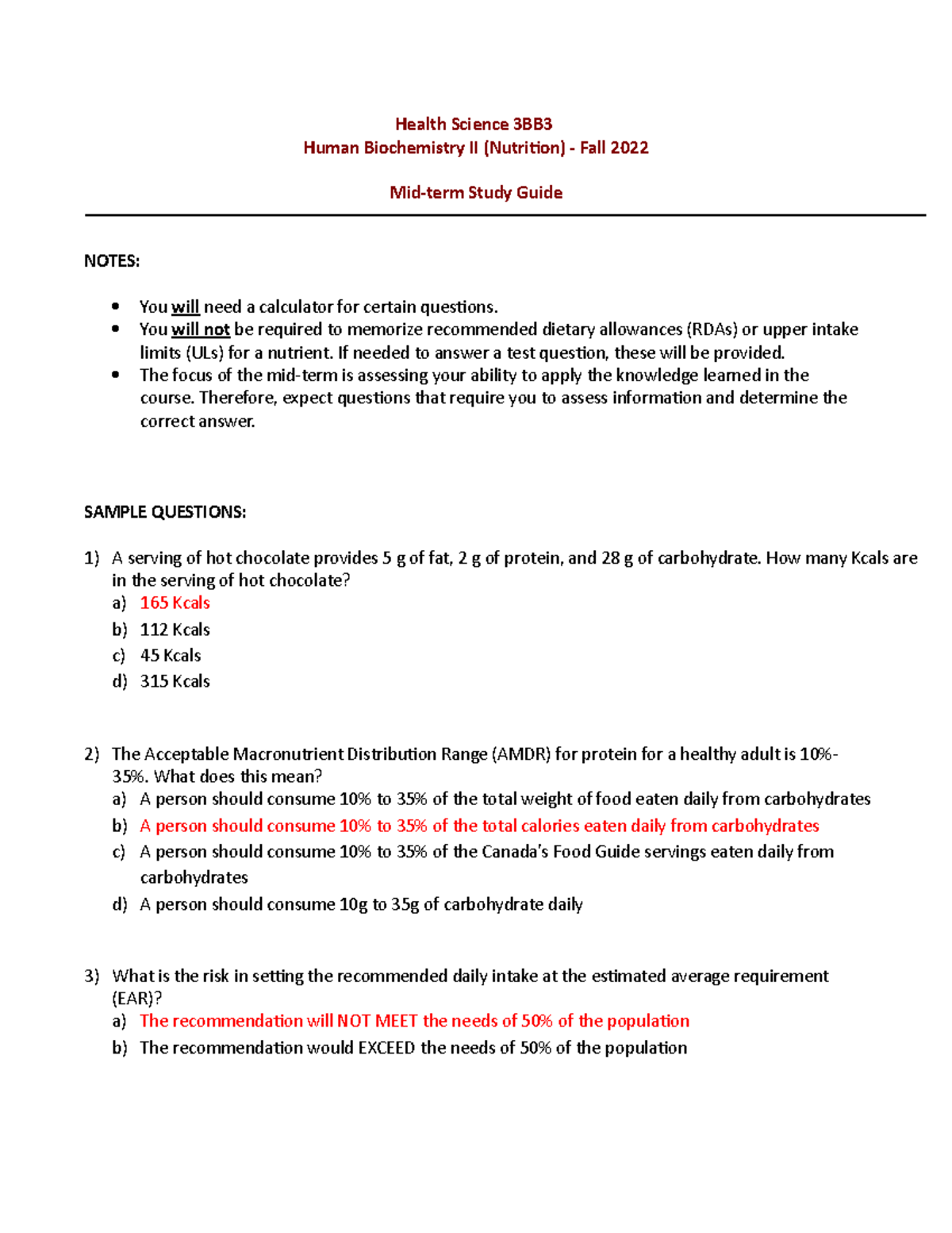 MCQ for nutrition - MCQ for midterm - Health Science 3BB Human ...