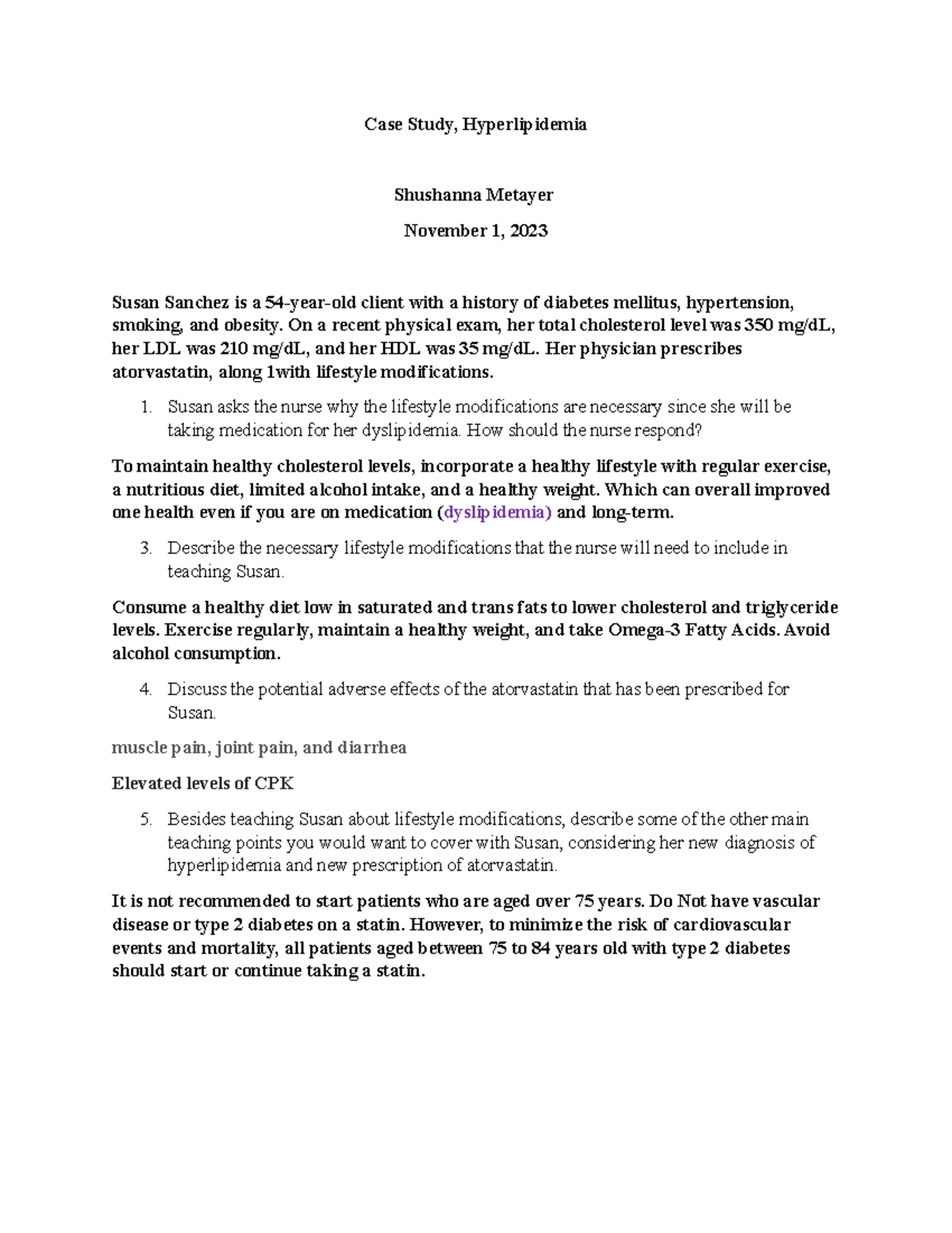 Case Study Hyperlipidemia Case Study, Hyperlipidemia Shushanna