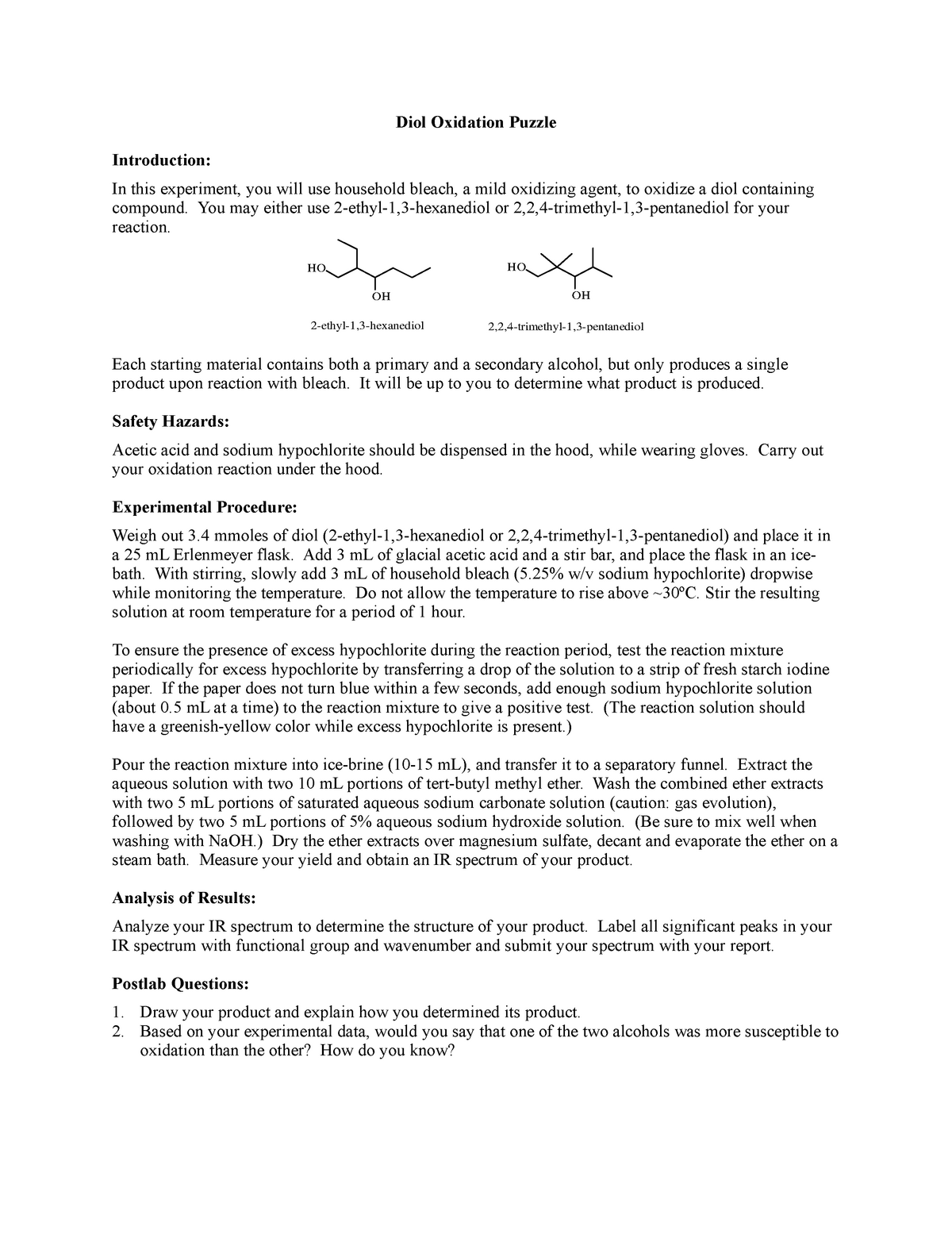 Diol Oxidation Puzzle Diol Oxidation Puzzle Introduction In This Experiment You Will Use