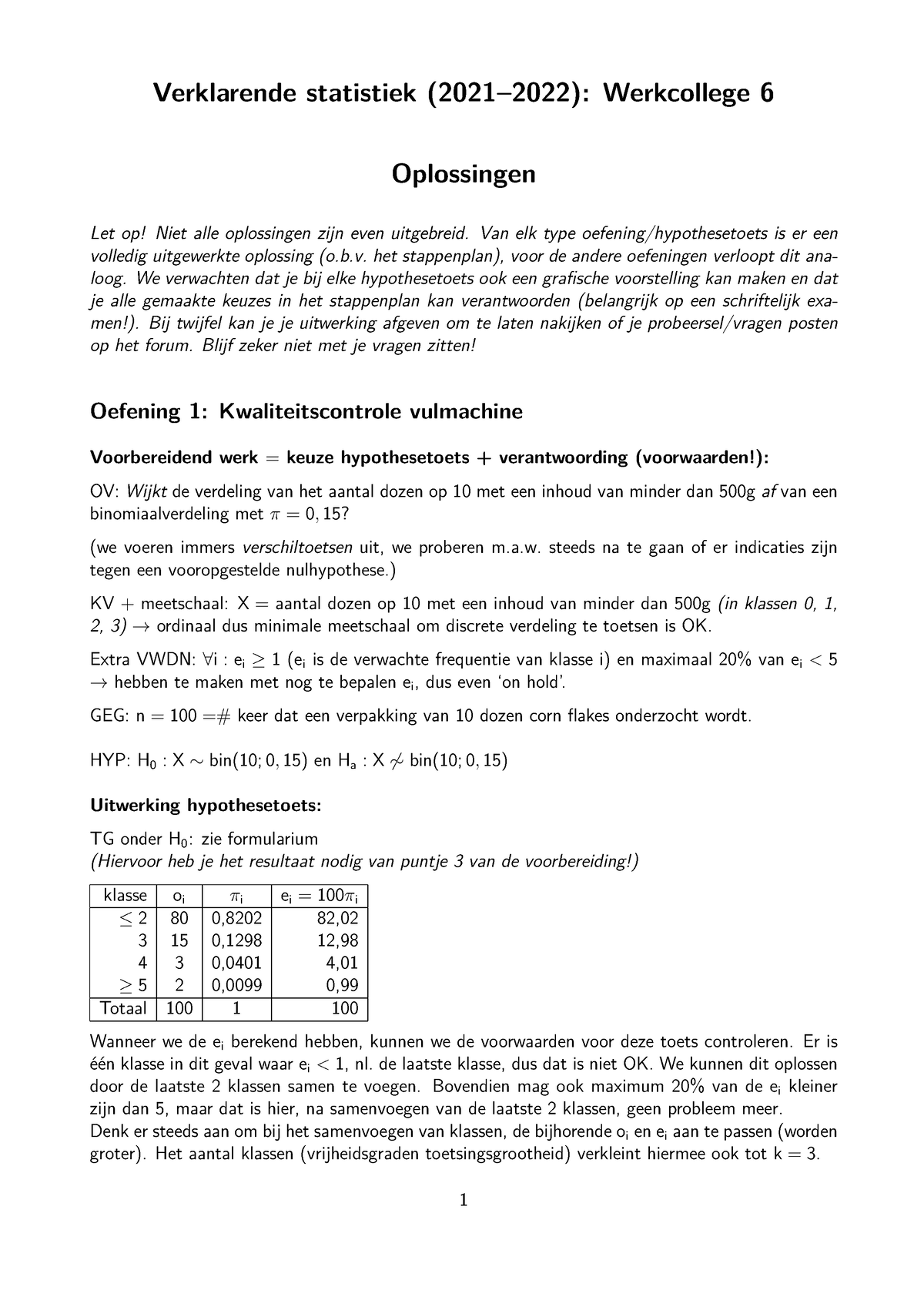 Werkcollege 6 Statistiek 2 2122 Oplossingen - Verklarende Statistiek ...