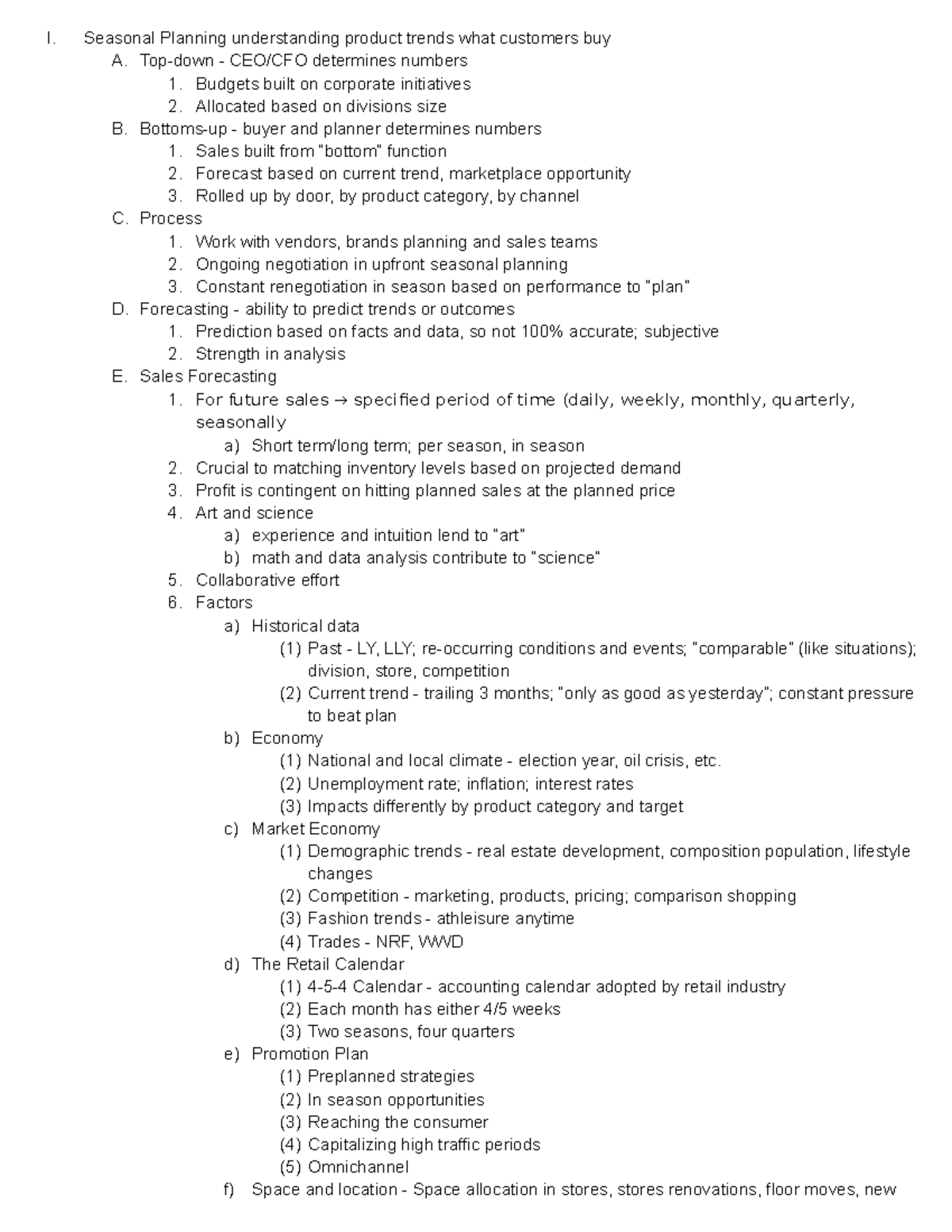 Week 5 Lecture Notes - I. Seasonal Planning understanding product trends  what customers buy A. - Studocu
