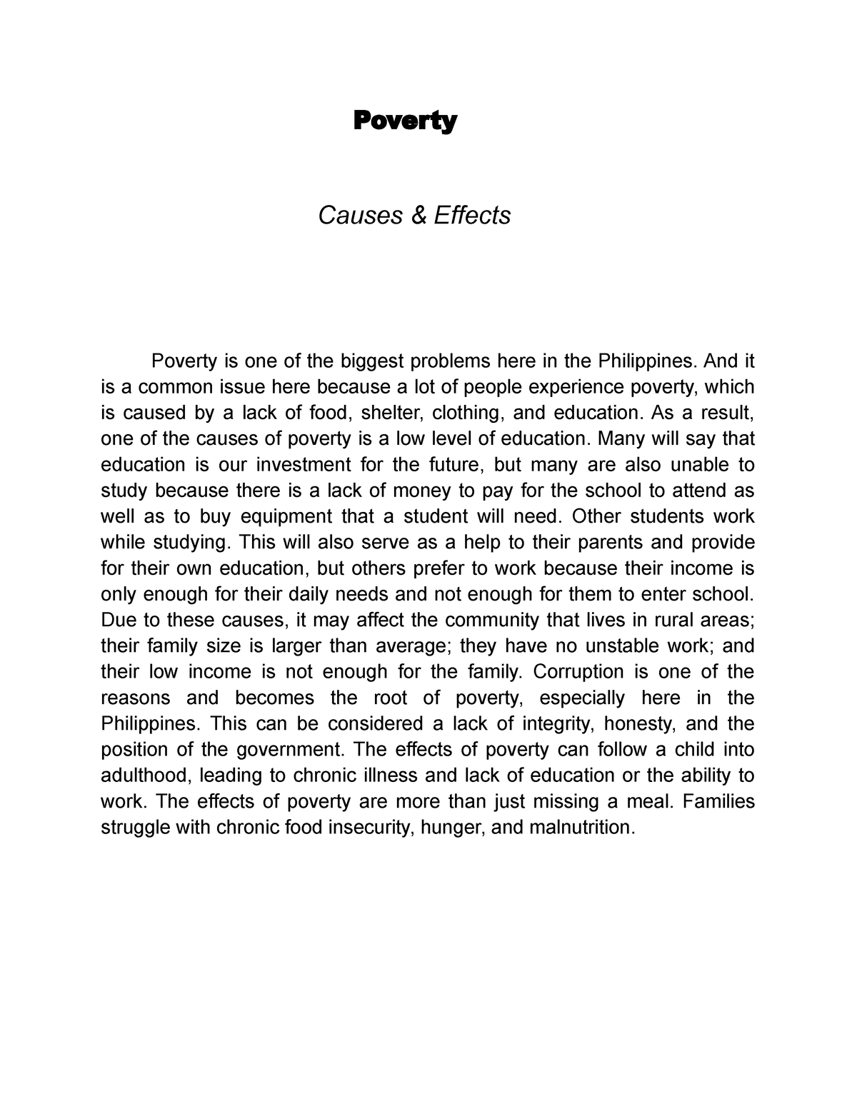 causes and effects of poverty essay