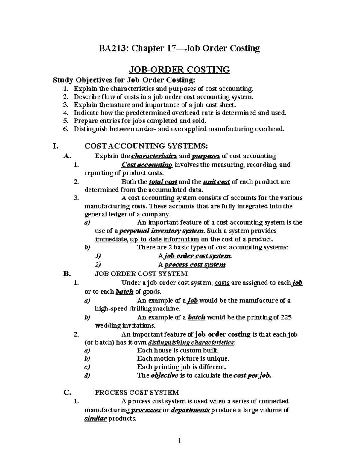 Chapter 17 Job Order Costing 0 - BA213: Chapter 17—Job Order Costing ...