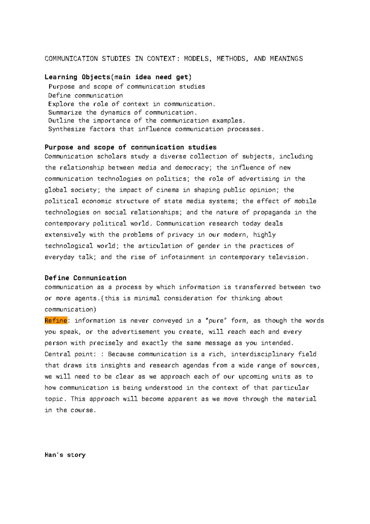 CMNS- Module 1 notes - COMMUNICATION STUDIES IN CONTEXT: MODELS ...