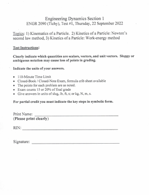 Quiz 1 Engineering Dynamics - ENGR 2090 - Studocu