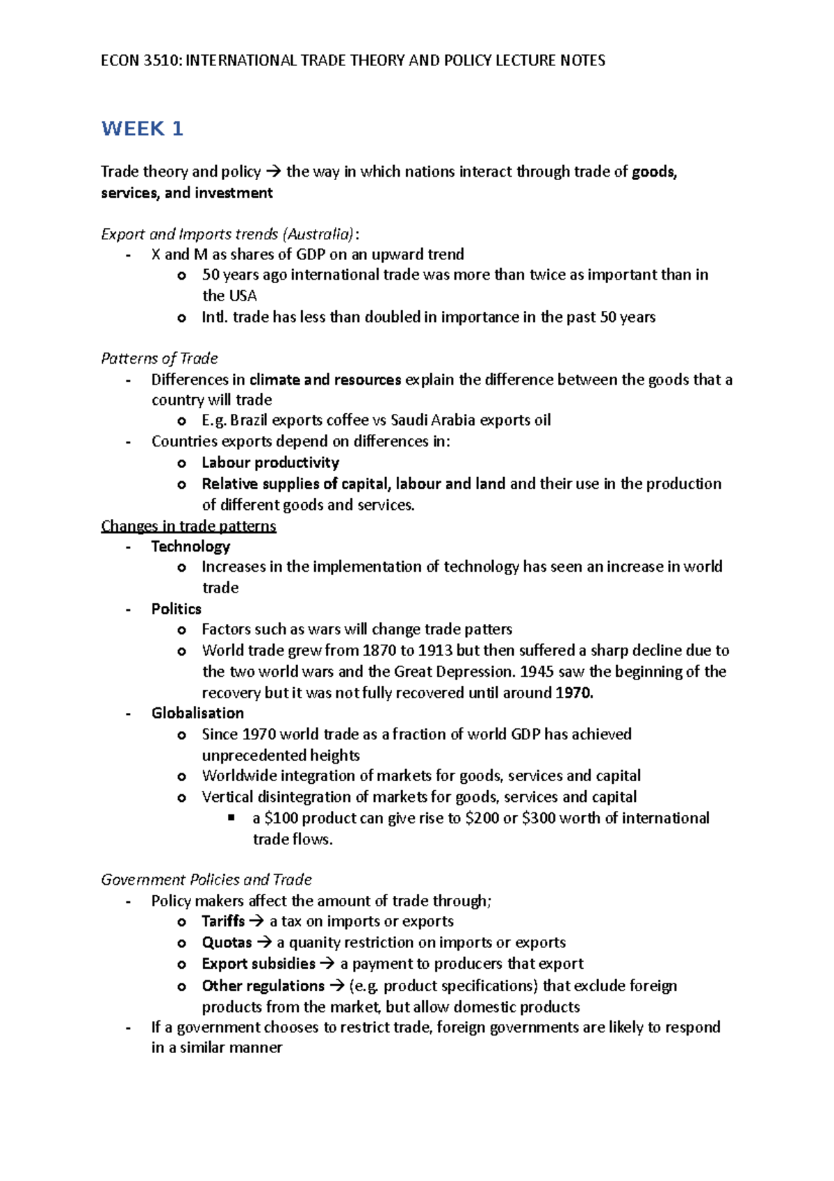 Lecture Notes - WEEK 1 Trade theory and policy the way in which nations ...