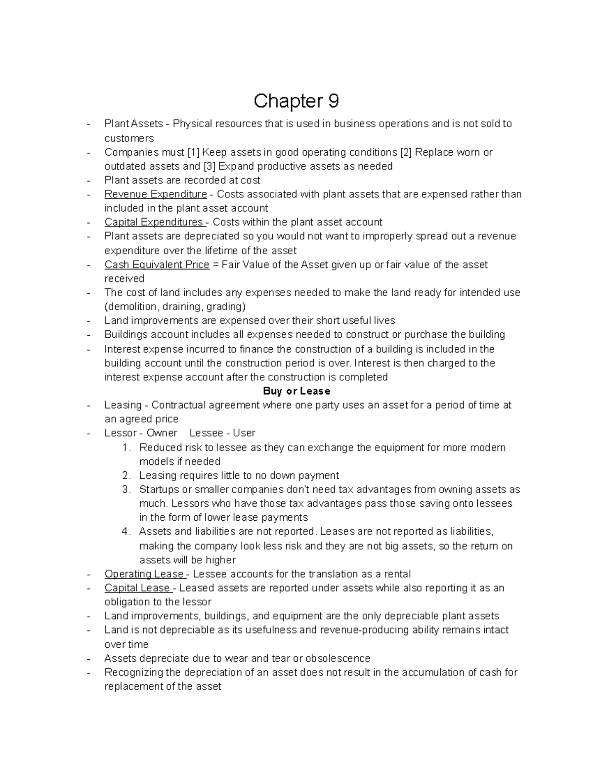 Accounting Notes - Chapter 9 Plant Assets - Physical resources that is ...