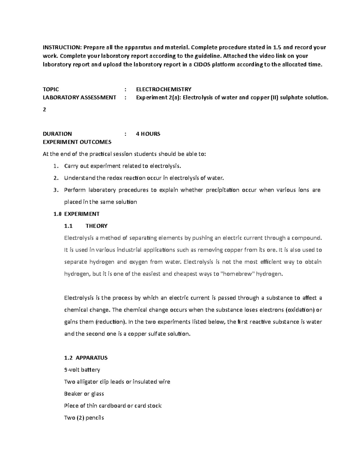 Experiment 2(a) Electrolysis of water and copper (II) sulphate solution ...