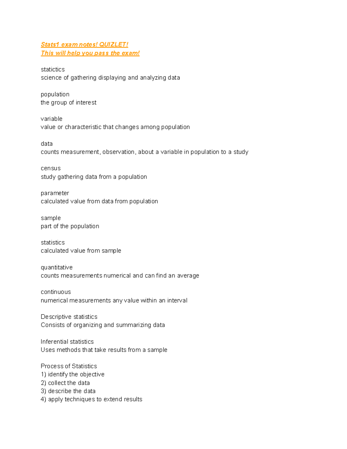 Math this will help a lot to study! Stats1 exam notes! QUIZLET
