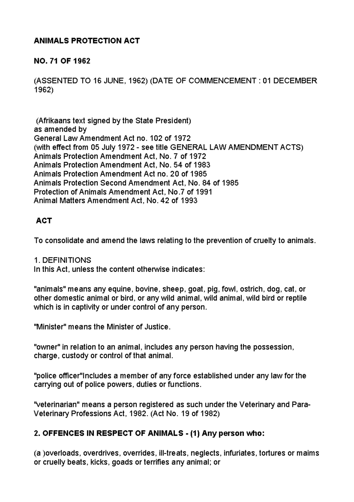 Animals Protection Act 7162 ANIMALS PROTECTION ACT NO. 71 OF 1962 (ASSENTED TO 16 JUNE, 1962
