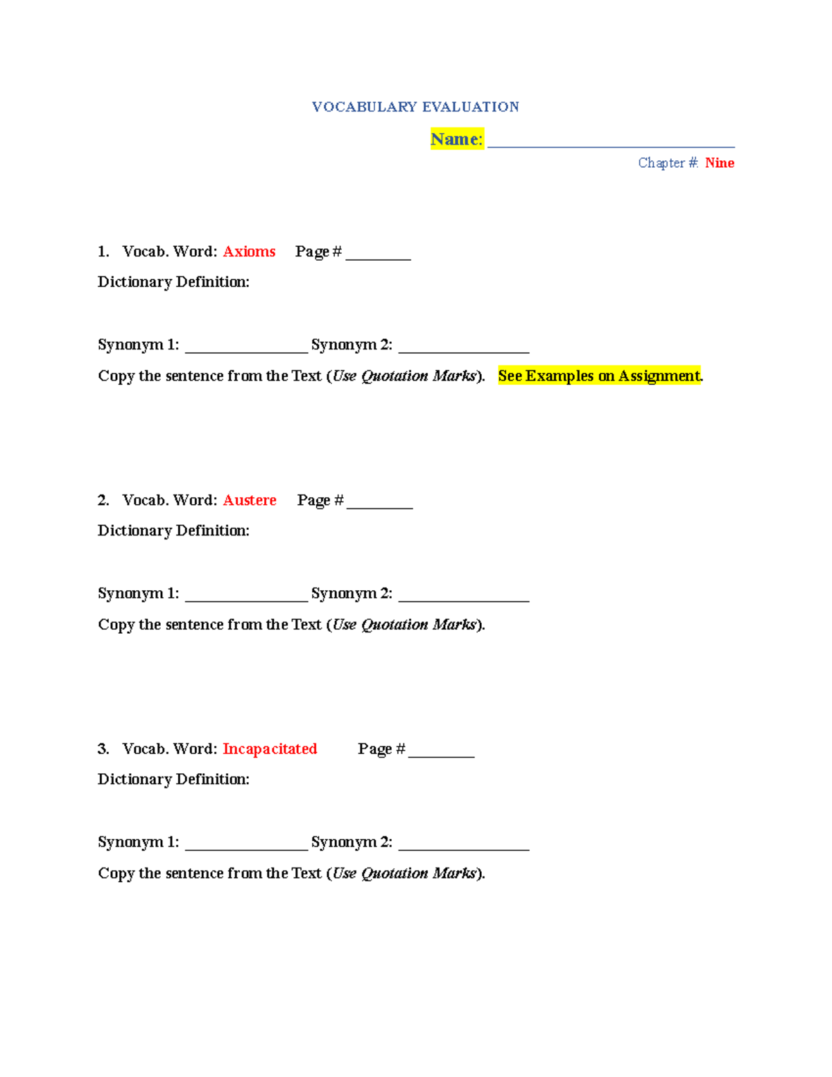 Ch Nine Vocabulary Five Words - VOCABULARY EVALUATION Name