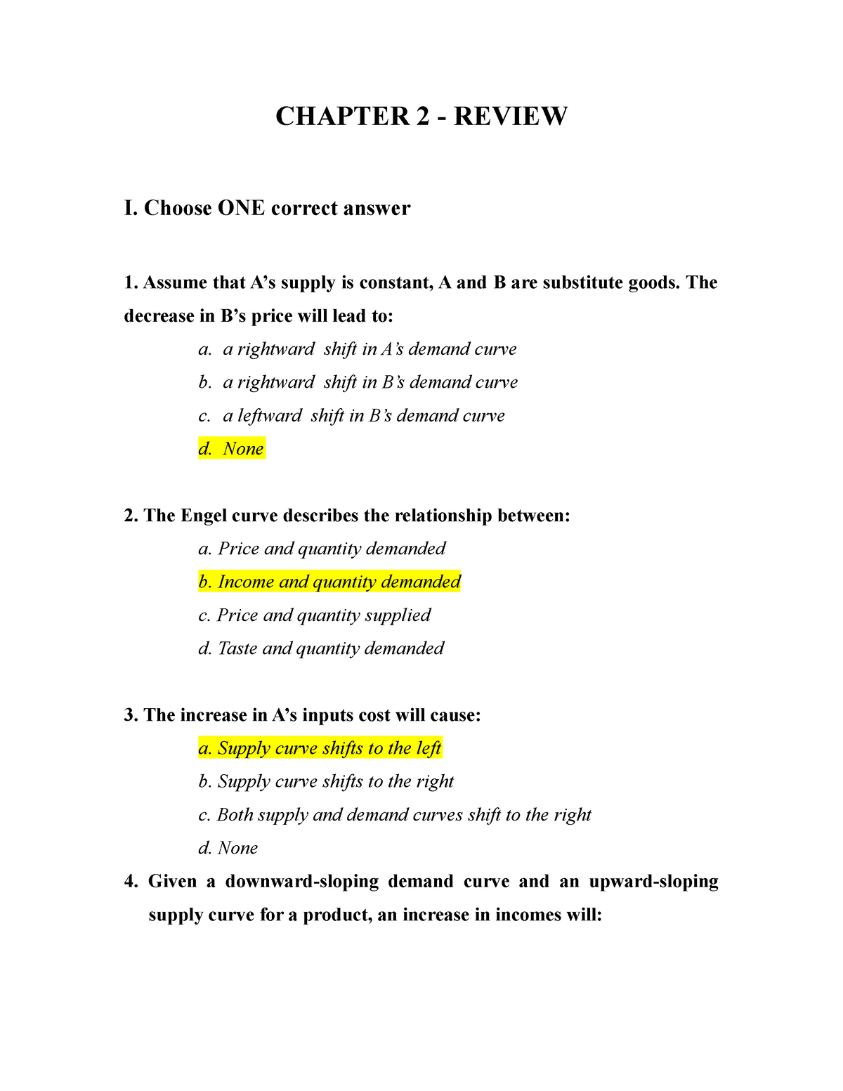 Chapter 2 - Review - Nbjglglj,knl - CHAPTER 2 - REVIEW I. Choose ONE ...