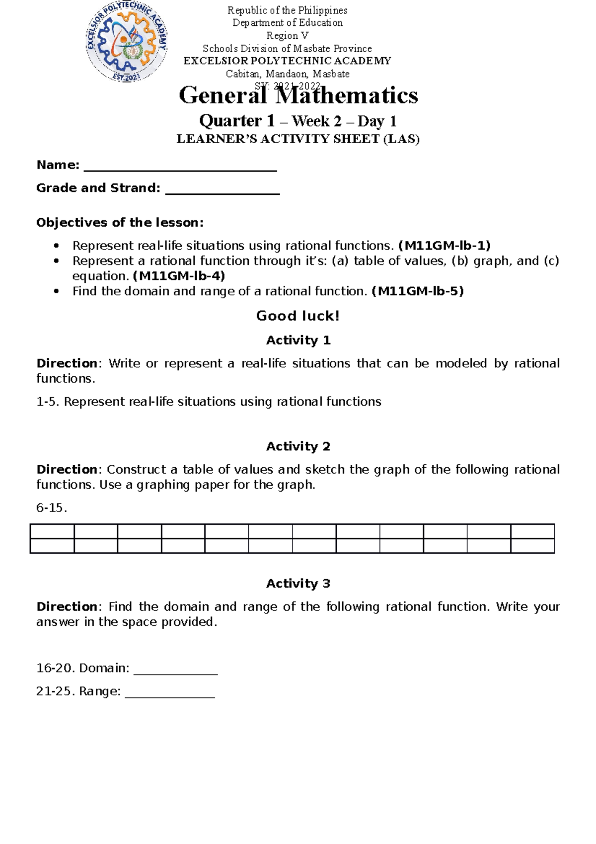 Gen - Summary - General Mathematics Quarter 1 – Week 2 – Day 1 LEARNER ...