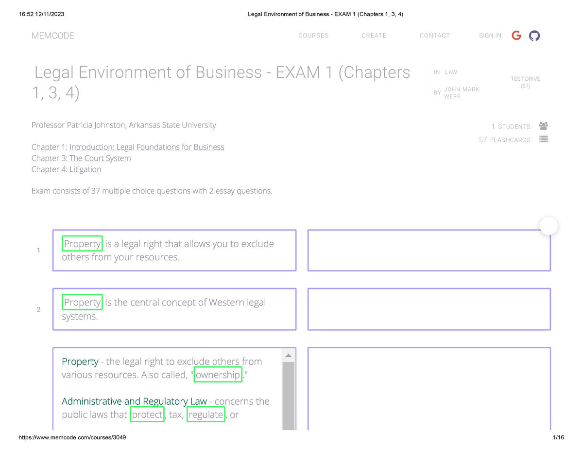 Legal Environment Of Business - EXAM 1 (Chapters 1, 3, 4) - MEMCODE ...