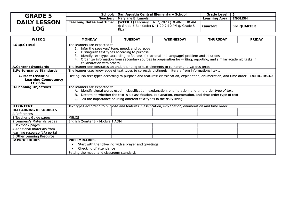 DLL ENG W1 Q3 G5 - Lesson Plan - GRADE 5 DAILY LESSON LOG School: San ...