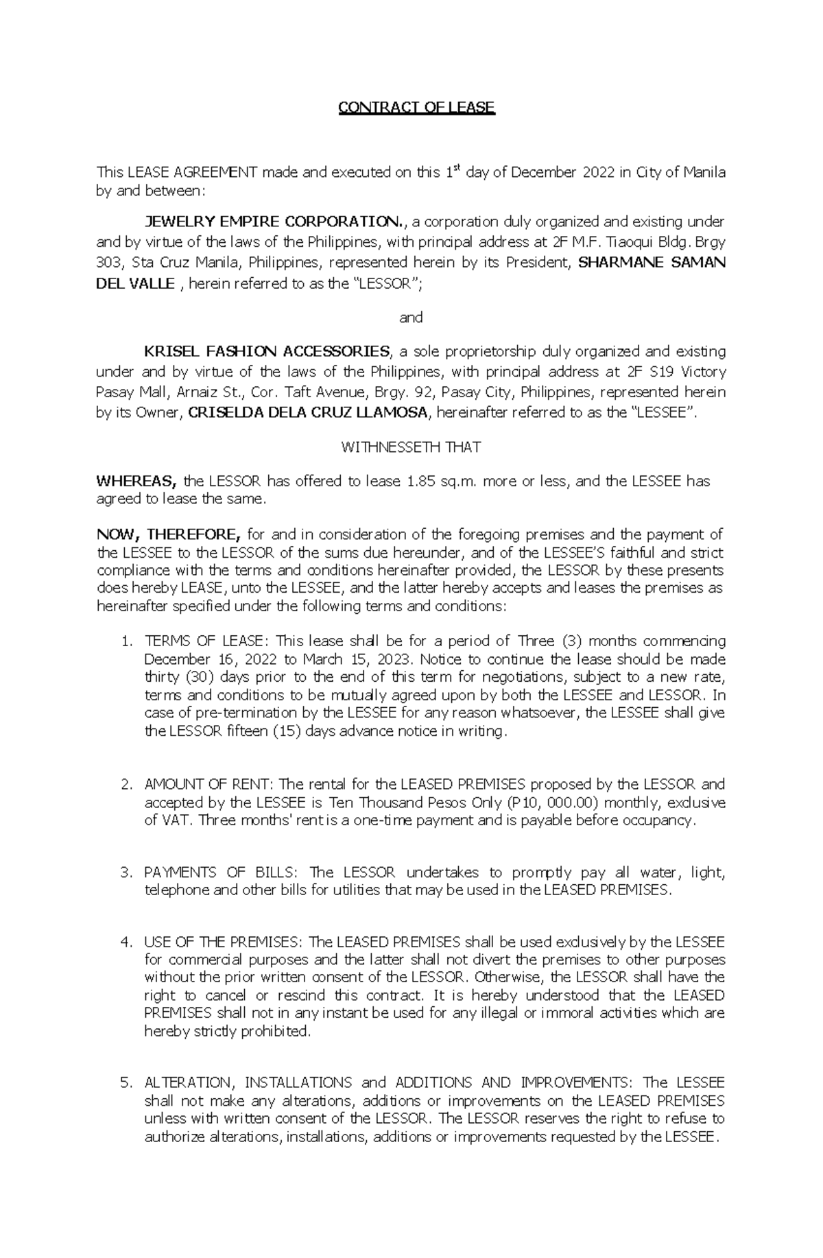 Krisel Fashion Accessories - CONTRACT OF LEASE This LEASE AGREEMENT ...
