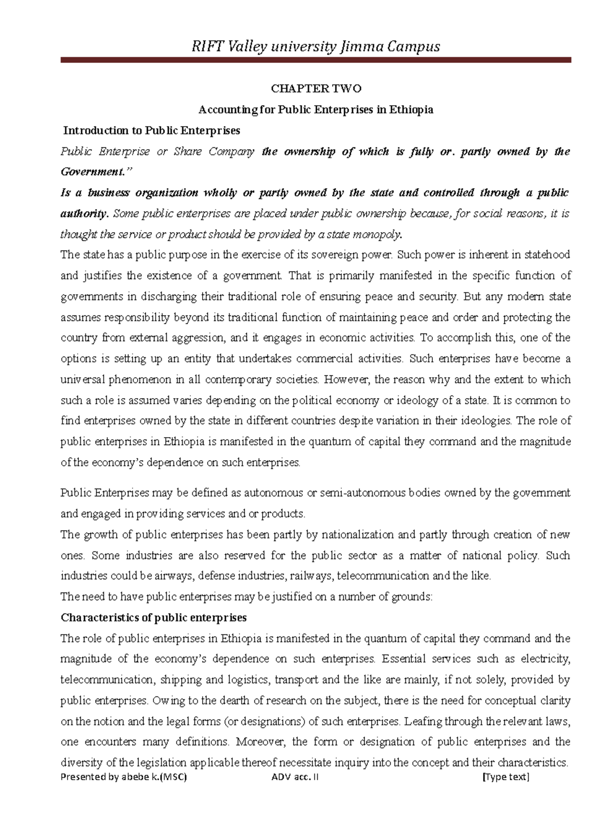 Chapter TWO best note CHAPTER TWO Accounting for Public Enterprises