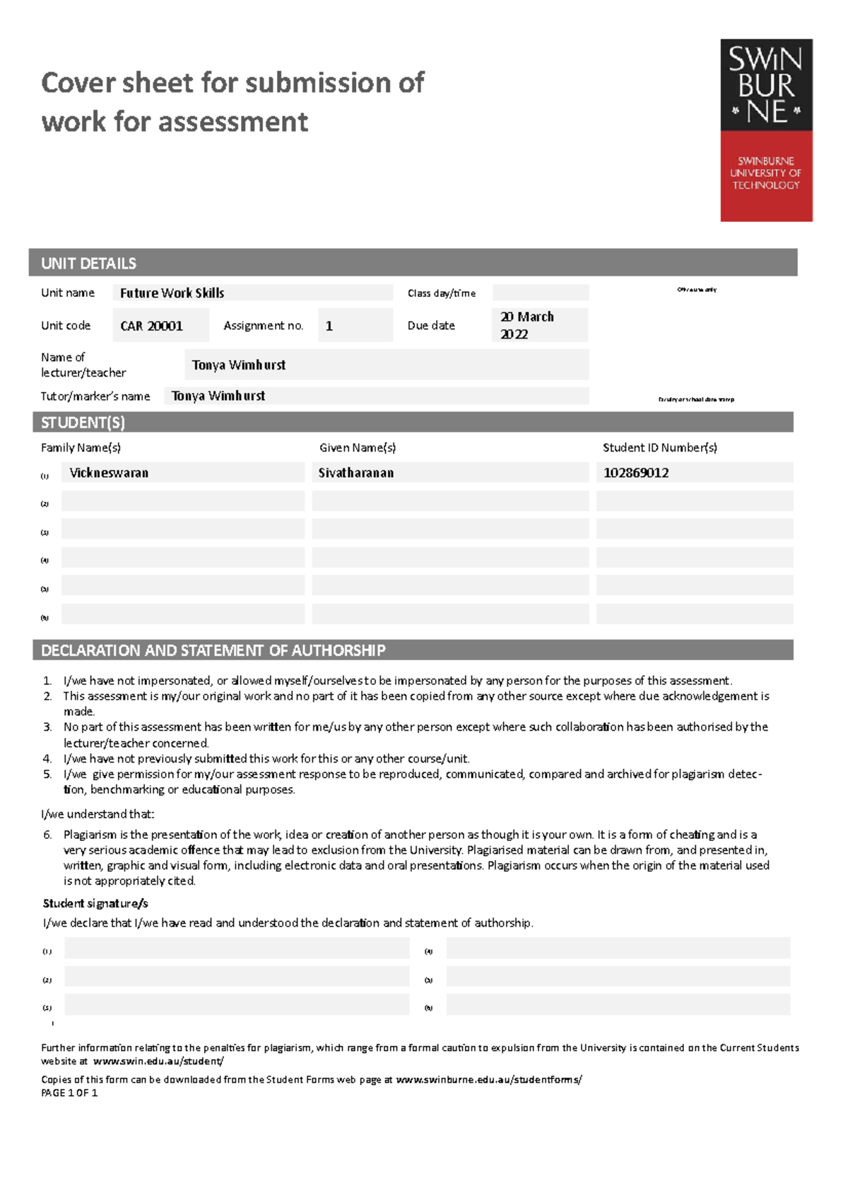 Assignment 1 - 1 Due date 20 March 2022 Name of lecturer/teacher Tonya ...