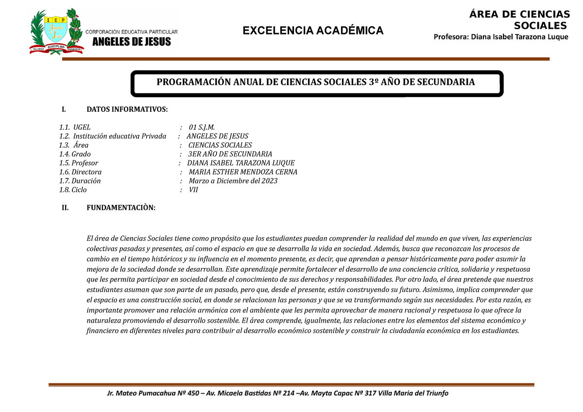 Programación 2023 - Ciencias Sociales - 3ER AÑO - I. DATOS INFORMATIVOS ...