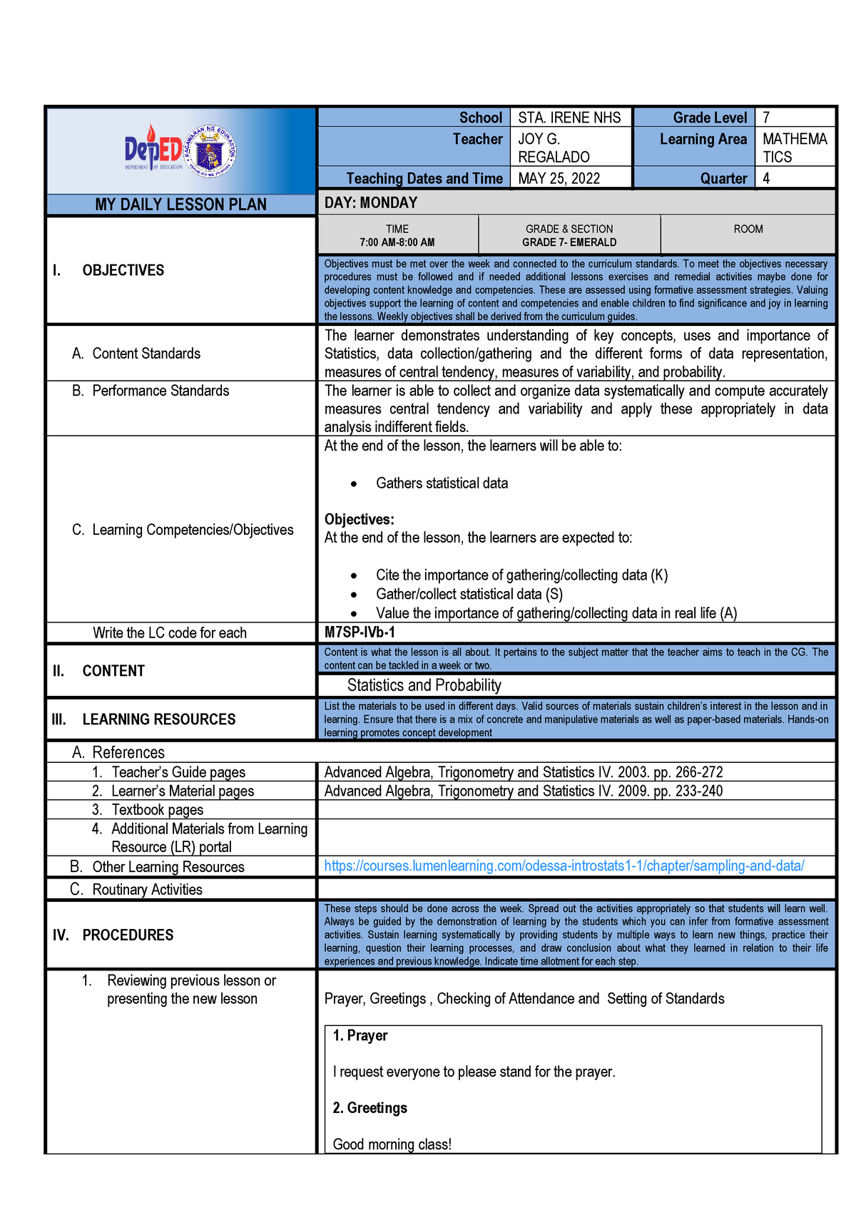 JOY Module 2 - MY DAILY LESSON PLAN School STA. IRENE NHS Grade Level 7 ...