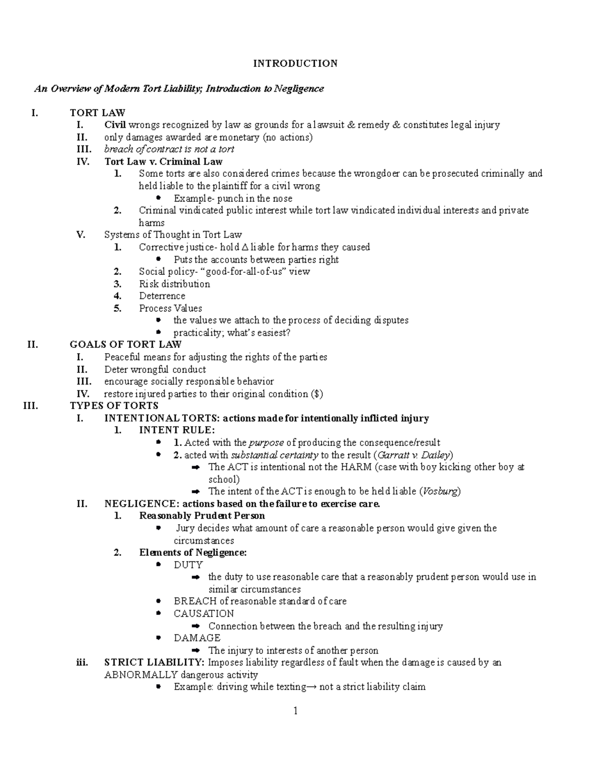 Torts 1 Outline - INTRODUCTION An Overview of Modern Tort Liability ...