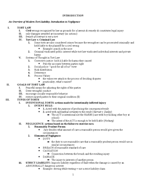 Torts Outline - General Information For Torts I. Damages A. Nominal ...