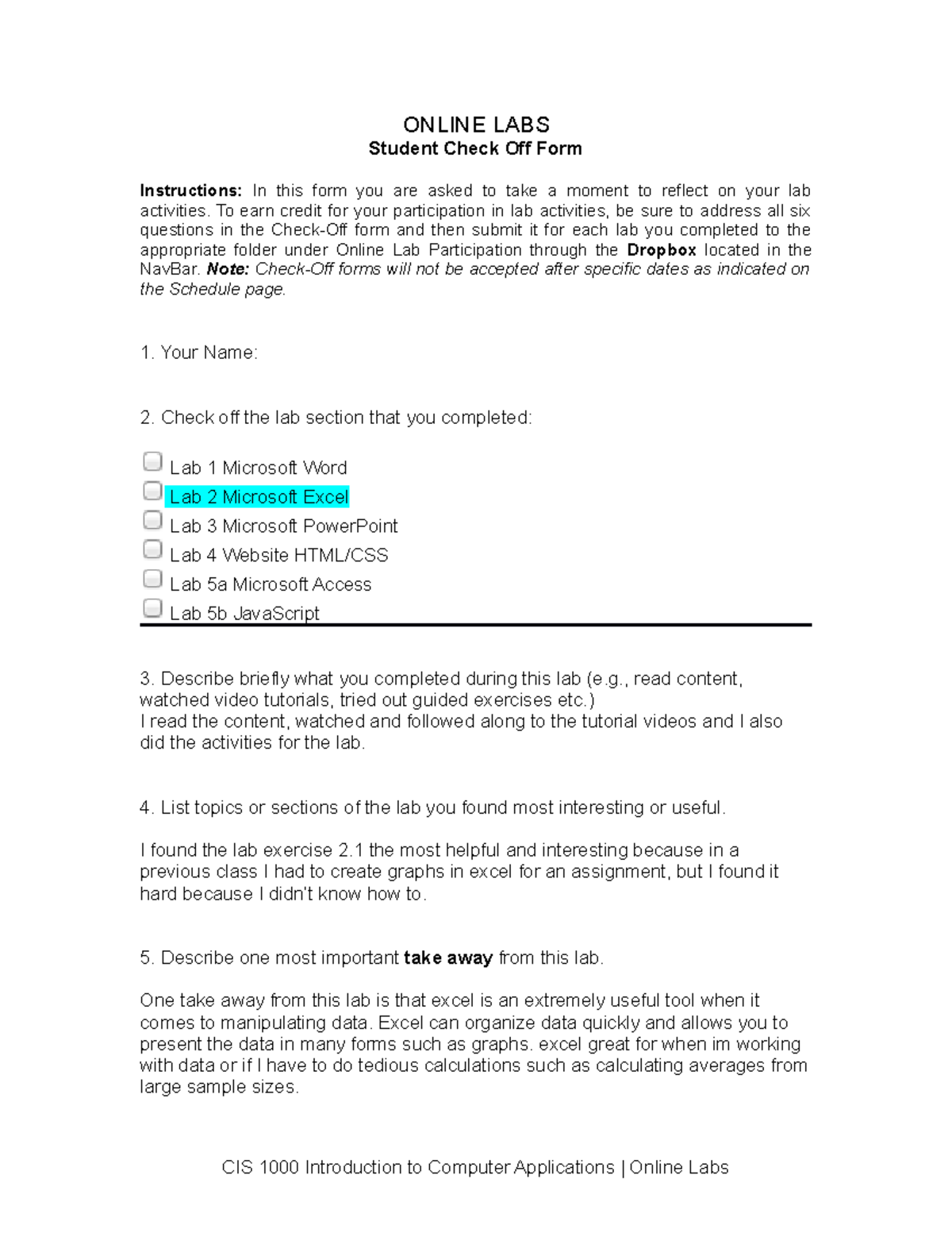 Excel Lab Check Off Assignment Answers 2021 ONLINE LABS Student Check