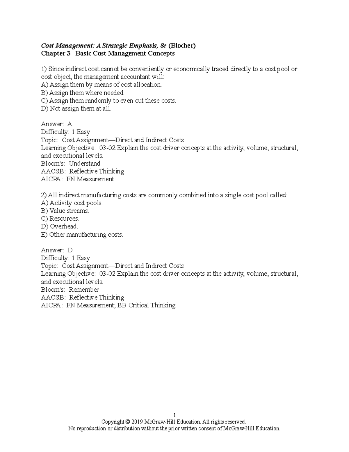 Blocher 8e Chapter 03 Tb Answerkey - Cost Management: A Strategic ...