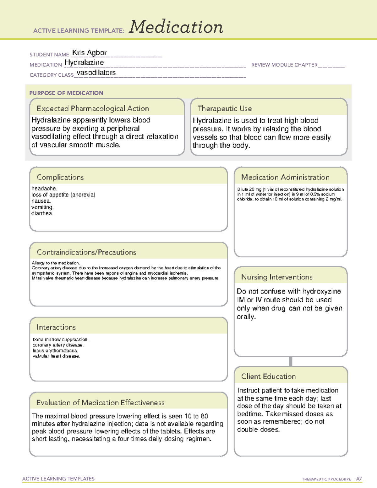 Hydralazine Med Cards ACTIVE LEARNING TEMPLATES THERAPEUTIC