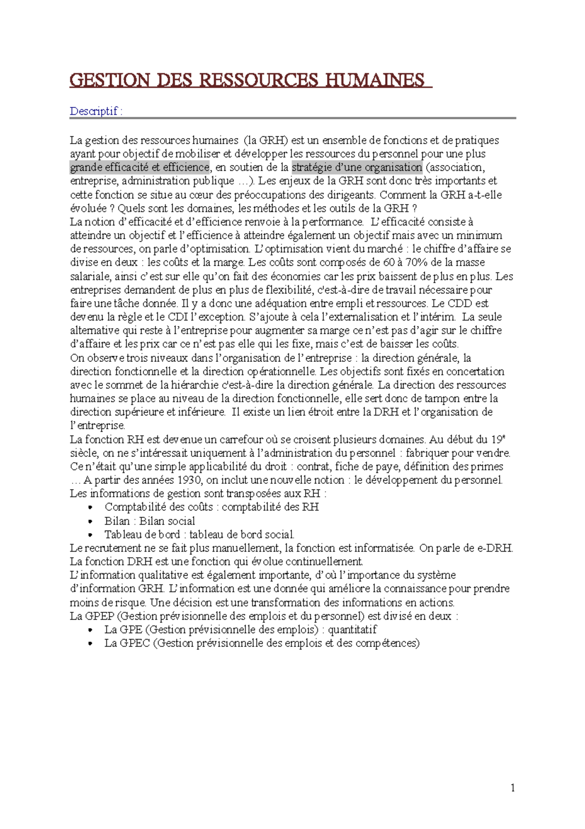 RH - Notes de cours RH - GESTION DES RESSOURCES HUMAINES Descriptif ...